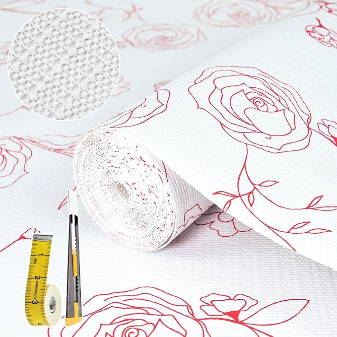 Shelf Liners for Kitchen Cabinets 17in x 20FT Non Adhesive Drawer Liner Red and White Floral Thickened Shelf Liner Paper Strong Non-Slip Easy to Clean for Tool Box with Knife and Tape Measure by Oneoftheworld