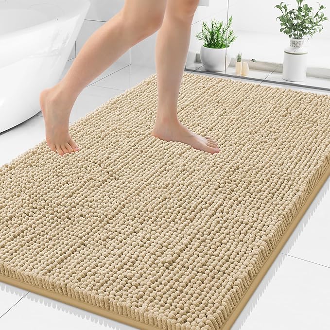 Smiry Luxury Chenille Bathroom Rugs 40x32, Extra Soft and Absorbent Shaggy Bath Mat, Machine Washable, Non-Slip Plush Carpet Runner for Tub, Shower, and Floor, Home Decor Accessories, Beige by Smiry