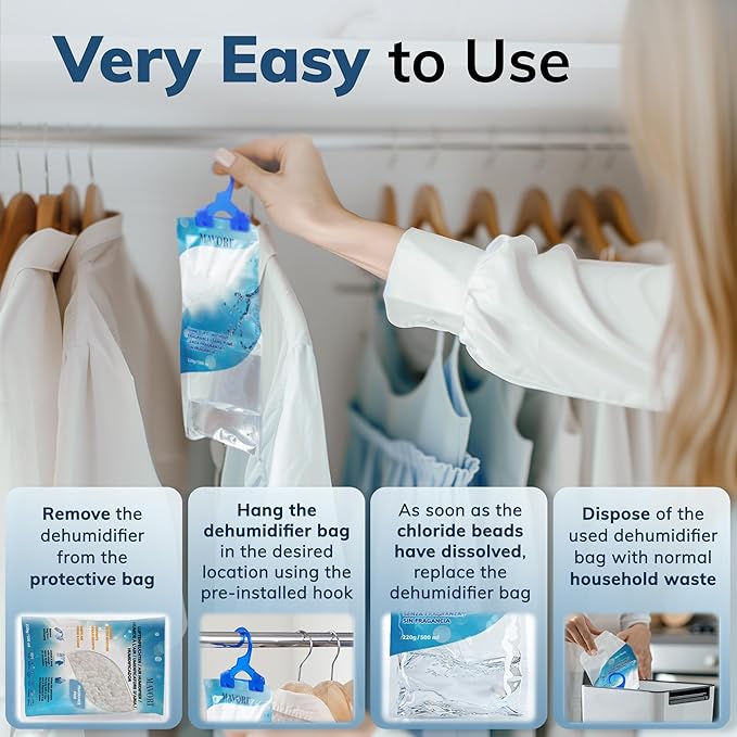 Hanging Moisture Absorber Bags, Dehumidifier Bags for Closet, Wardrobe and Laundry Room, Reduce Moisture, Odors, and Dampness, Long-Lasting Humidity Control, 16.9 oz per Bag (Pack of 10) - Image 4