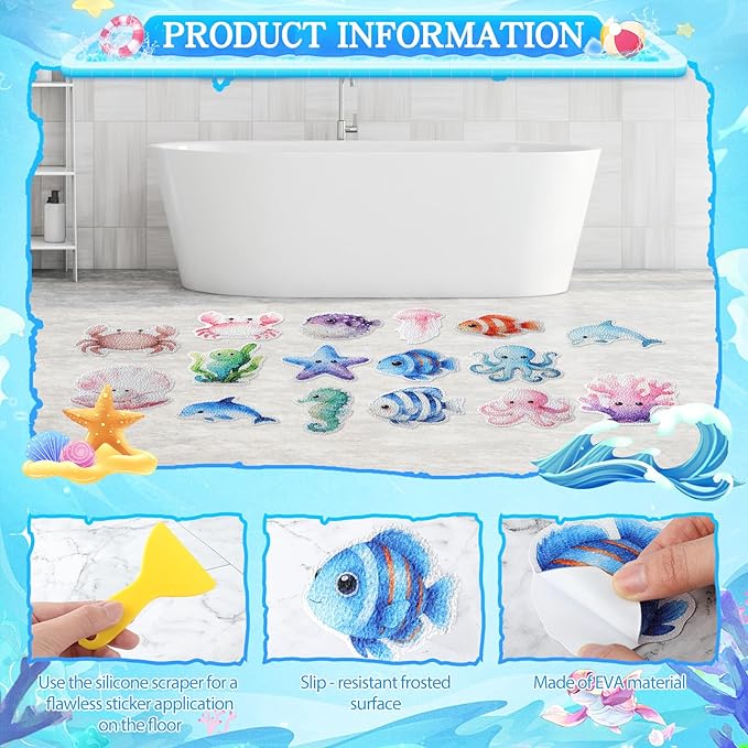 32 Pcs Cute Non Slip Bathtub Stickers for Shower Colorful Bathroom Anti Slip Shower Stickers Floor Applique Adhesive Decals with Scraper for Bathtub Bathroom Floor Pools(Sea) - Image 4