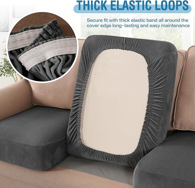 H.VERSAILTEX Velvet Stretch Couch Cushion Cover Plush Cushion Slipcover for Chair Loveseat Sofa Cushion Furniture Protector Seat Cushion Sofa Cover (3 Piece Sofa Cushion Covers, Grey Striped) - Image 6