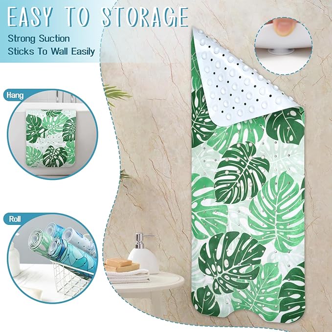 Tropical Leaves Bathtub Mat Non Slip, Boho Bath Tub Mat Baby Bath Mats for Bathroom Anti Slip Shower Mats for Inside Shower, Green Plants Bathmat with Suction and Drain Holes Machine Washable, 40″x16″ - Image 5