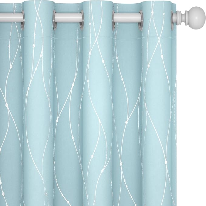 Deconovo Blackout Curtains, Thermal Insulated Soundproof Grommet Drapes, Wave Dot Foil Print, 52 x 63 Inch, Set of 2, Machine Washable Window Panel for Bedroom Living Room Nursery Kitchen, Light Blue by Deconovo