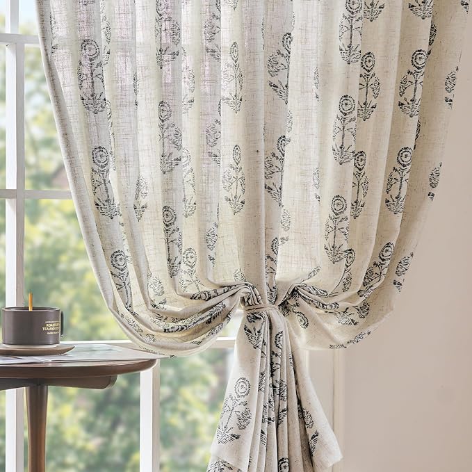 jinchan Linen Floral Curtains for Living Room 63 Inch Length Black Flower Cottage Core Farmhouse Curtains Rod Pocket Back Tab Boho Semi Sheer Window Drapes Bedroom Set 2 Panels Black on Beige - Image 7