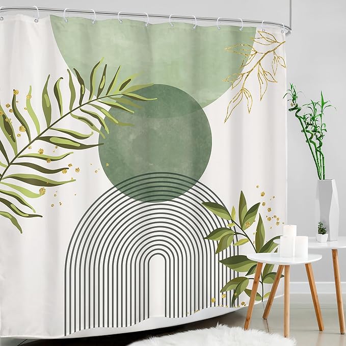 Sage Green Boho Shower Curtain 72Wx72H Modern Abstract Bohemian Leaves Minimalist Neutral Botanical Geometric Arch Bathroom Decor Mid Century Plant Bath Curtain Fabric Polyester 12 Pack Hooks - Image 3