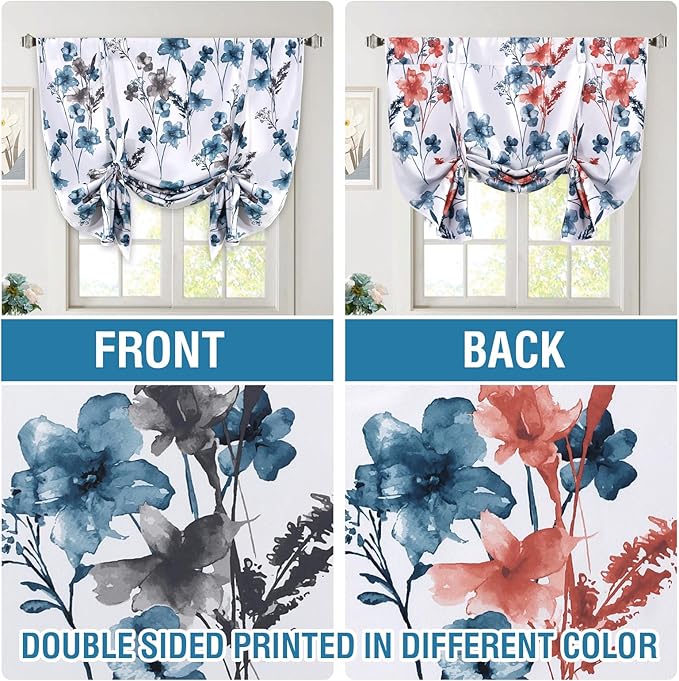 H.VERSAILTEX Double Sided Floral Pattern Printed Tie Up Curtains Thermal Insulated Blackout Short Curtain Bathroom Curtain Rod Pocket Panel, Reversible in Blue/Coral, 42 inches W x 63 inches L - Image 3