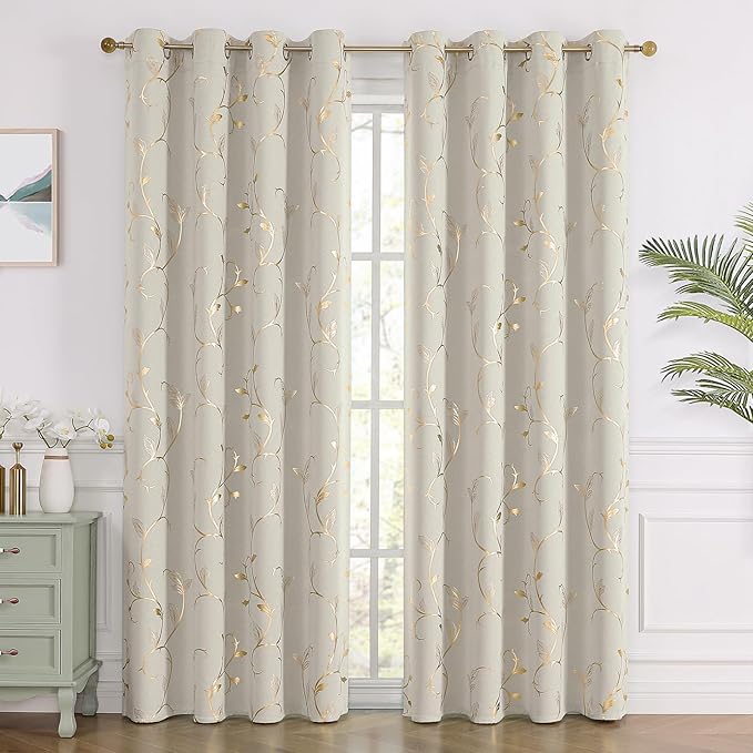 BUHUA Blackout Curtains Gold Foil Print Flower Vine Grommet Drapes, Room Darkening Thermal Insulated Curtains, Noise Reducing Curtain for Bedroom, Natural, 52Wx84L, 2 Panels - Image 2