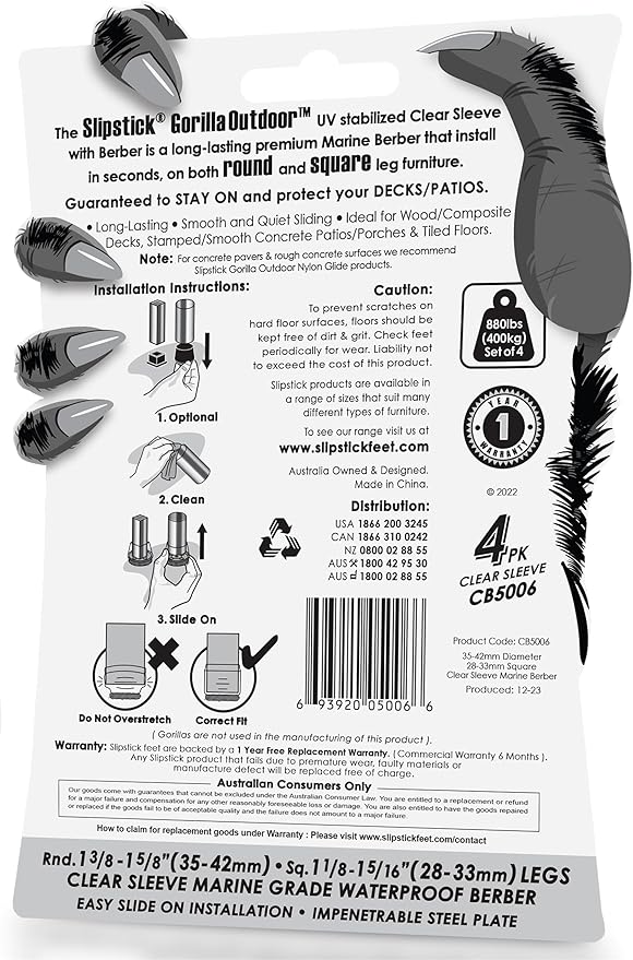 Slipstick GorillaOutdoor Berber Furniture Feet Pads with Clear Sleeve Sock (4 Pack) Outdoor Furniture Sliders for Round & Square Legs, Large - Image 6