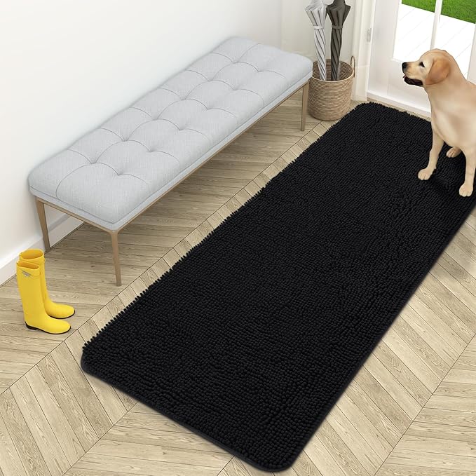 OLANLY Dog Door Mat for Muddy Paws 59x24, Absorbs Moisture and Dirt, Absorbent Non-Slip Washable Doormat, Quick Dry Chenille Mud Mat for Dogs, Entry Indoor Entryway Carpet for Inside Floor, Black by OLANLY