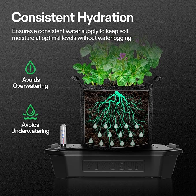 VIVOSUN 4-Pack FlexFeed Self-Watering Pots with Grow Bags, Auto Irrigation Fabric Pot Base with Water Meter & Maintenance Window, for Use Indoors/Outdoors in Grow Tents, Greenhouses, Gardens - Image 3