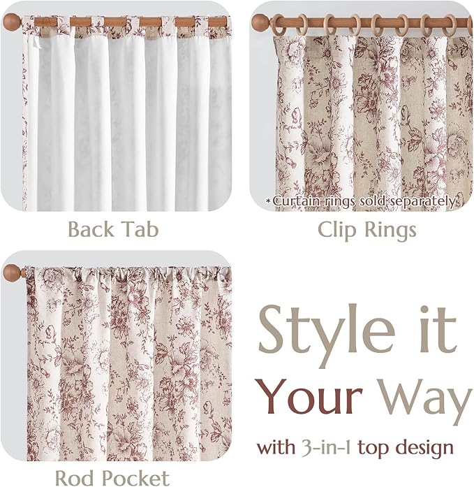 jinchan Lined Linen Blend Curtain Floral Curtains for Living Room 96 Inches Long Farmhouse Red Flower Printed Curtain Rod Pocket Back Tab Peony Patterned Drapes Curtains Set 2 Panels - Image 6