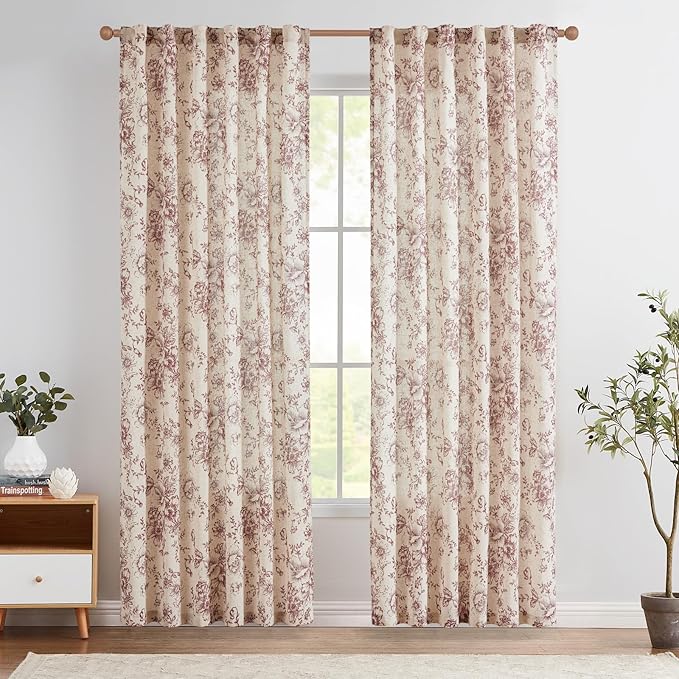jinchan Linen Blend Curtain Floral Curtains for Living Room 84 Inch Length Farmhouse Brick Red Printed Curtain Rod Pocket Back Tab Peony Flower Patterned Drapes Curtains Set 2 Panels by JINCHAN