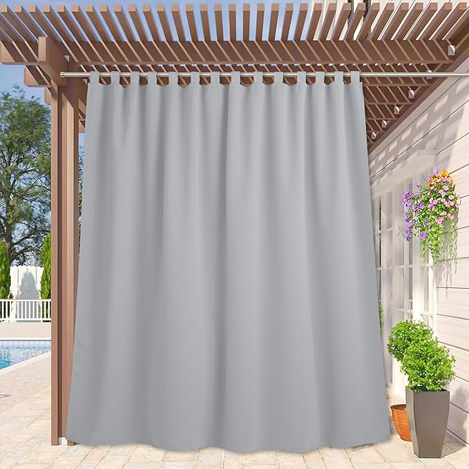 RYB HOME Patio Curtain Outdoor - Extra Wide Blackout Curtains Waterproof Windproof Privacy Outdoor Indoor Curtains for Porch Gazebo Pavilion, Wide 100 x Long 84 Inch, Light Grey by RYBHOME