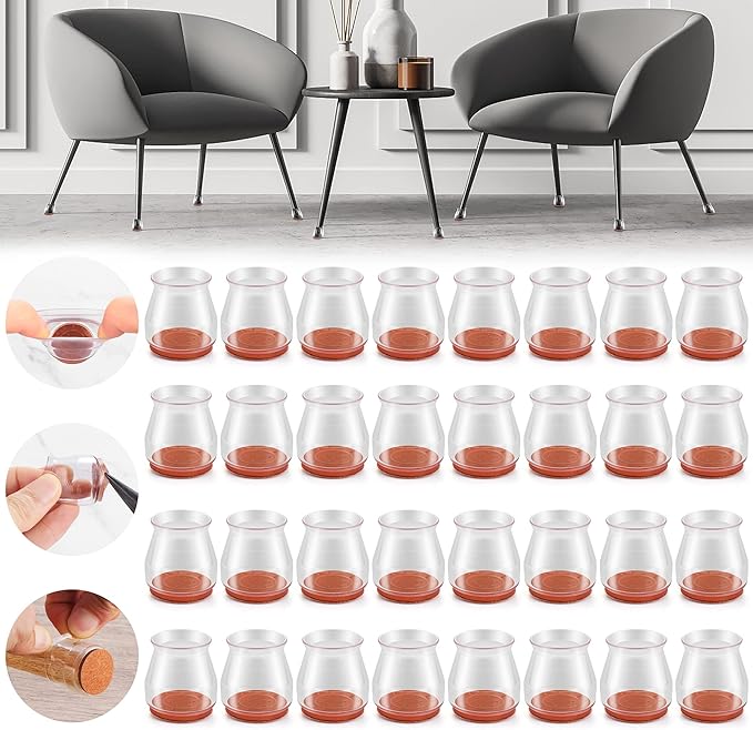 32PCS Upgraded Silicone Chair Leg Floor Protectors for Hardwood Floors, Furniture Sliders for Chair Legs, Felt Bottom Furniture Pads, Anti-Slip Round&Square Cap Covers to Scratch and Reduce Noise by Violibar