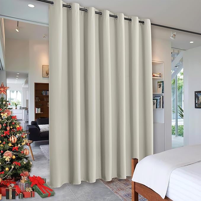 RYB HOME Room Divider Blackout Curtains, Portable Wind Proof Noise Reducing Partition Vertical Blinds for Bedroom Living Room Kitchen Curtain Patio Door Carport, Natural, 1 Pc, W 12.5ft x L 9ft by RYBHOME