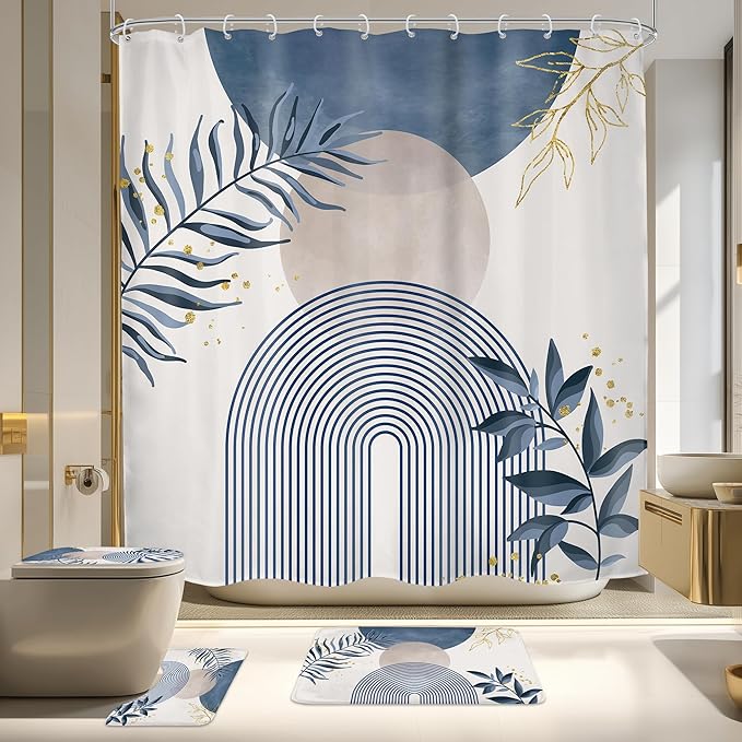 4 PCS Navy Blue Gray Boho 72Wx72H Shower Curtain Set Modern Mid Century Plant Bath Rug Toilet Lid Cover Nonslip U Shape Mat Quick Dry Rubber Backed Dirt Resistant Accessories Bathroom Decor by MitpokBrand