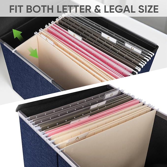BALEINE File Organizer Box with Lid, Collapsible File Folder Organizer with Plastic Slide, Hanging File Folder Box for Office Document Storage (2 Pack, Blue) - Image 3