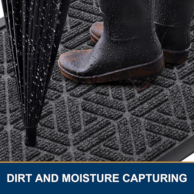 Smiry Front Door Mat Outside Entrance, Heavy Duty Sturdy Natural Rubber Doormat, Trap Dirt and Moisture, Easy Clean Low Profile Mats for Indoor Outdoor Entry, Grid Geometric (71x47, Grey) - Image 3
