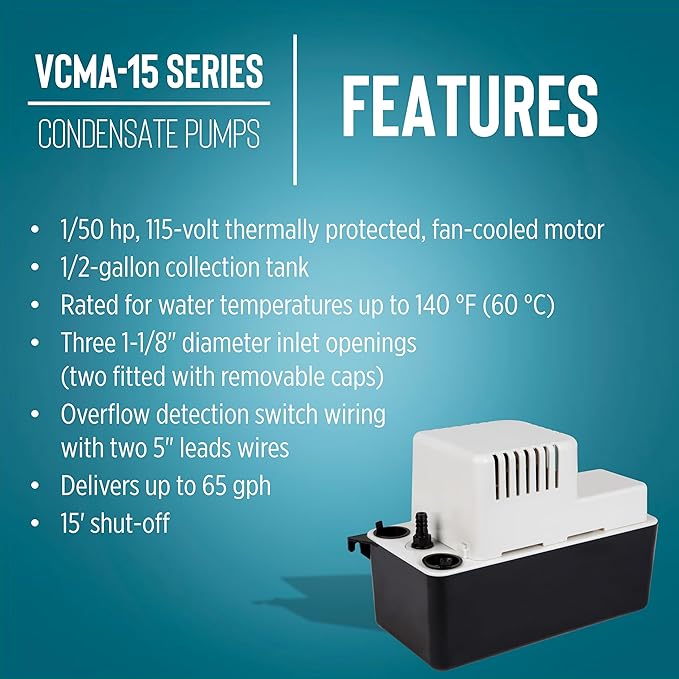 Little Giant VCMA-15ULST 115 Volt, 65 GPH, 1/50 HP Automatic Condensate Removal Pump for HVAC/Refrigeration Systems/Dehumidifiers with Overflow Detection Switch and 20-Foot Tubing, Black/White, 554415 - Image 5