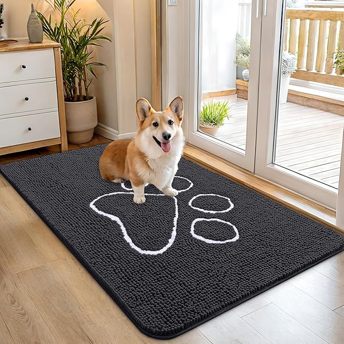 OLANLY Dog Door Mat for Muddy Paws 45x27, Paw Print Design, Absorbs Moisture and Dirt, Absorbent Non-Slip Washable Doormat, Quick Dry Chenille Mud Mat for Dogs, Entry Indoor Entryway Carpet, Dark Grey by OLANLY