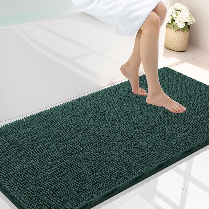 Smiry Luxury Chenille Bathroom Rugs 47x24, Extra Soft and Absorbent Shaggy Bath Mat, Machine Washable, Non-Slip Plush Carpet Runner for Tub, Shower, and Floor, Home Decor Accessories, Green by Smiry