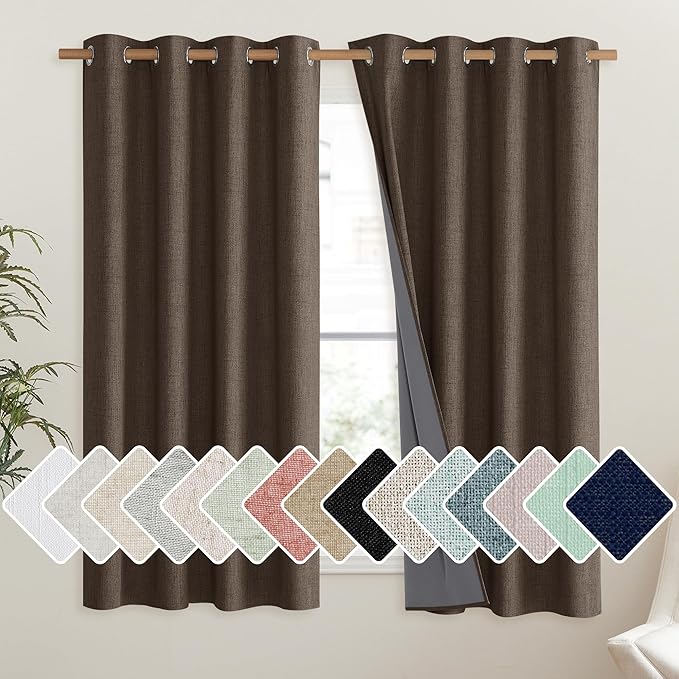 NICETOWN Coffee Vintage Linen 100% Blackout Curtains for Living Room, Thermal Insulated Curtains 48" Long, Noise Reducing Window Treatment Drapes for Hall Room, 52" Wide Per Panel, Set of 2 by NICETOWN