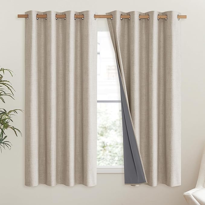 NICETOWN Oatmeal Vintage Open Linen Weave Flax Thermal Curtains, 100% Blackout Curtains 45" Long for Dining Room, Soundproof Window Treatment Drapes for Hall Room, 52" Wide Per Panel, Set of 2 - Image 2