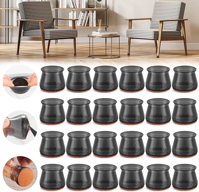 24PCS Upgraded Silicone Chair Leg Floor Protectors for Hardwood Floors, Furniture Sliders for Chair Legs, Felt Bottom Furniture Pads, Anti-Slip Round&Square Cap Covers to Scratch and Reduce Noise by Violibar