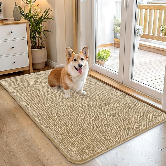 OLANLY Dog Door Mat for Muddy Paws 45x27, Absorbs Moisture and Dirt, Absorbent Non-Slip Washable Doormat, Quick Dry Chenille Mud Mat for Dogs, Entry Indoor Entryway Carpet for Inside Floor, Beige by OLANLY
