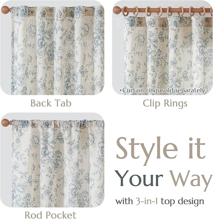 jinchan Linen Floral Curtains Extra Wide for Patio Sliding Glass Door Room Divider Curtain for Living Room 90 Inch Length Farmhouse Peony Blue Printed Curtain Set 1 Panel - Image 4