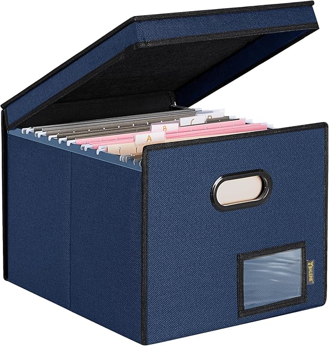 BALEINE File Organizer Box with Lid, Collapsible File Folder Organizer with Plastic Slide, Hanging File Folder Box for Office Document Storage (Tab Friendly, 1 Pack, Blue) by BALEINE