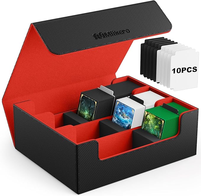Mlikero Card Deck Case, 1800+ Trading Card Storage Box with 10 Dividers and 3 Foam Stoppers, Leather Magnetic Closure Commander Deck Box Fit for YuGiOh, MTG and Sport Cards(Black&Red) by Mlikero