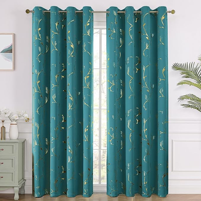 BUHUA Blackout Curtain 2 Panel Set Silver Vine Foil Print Thermal Insulated Drapes Room Darkening Curtains Grommet Window Treatment, 52 x 72 Inch, Teal Blue - Image 2