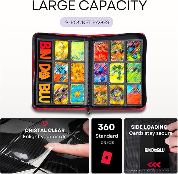 9 Pocket Trading Card Zip Binder - 360 Side Loading Pocket Binder for Colletible Games, Sport, TCG - Trading Card Binder - Gift Card holder for Boys and Girls - Red card binder - Image 3