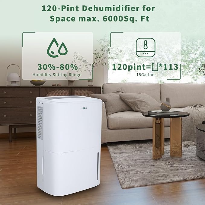 Uhome 120 Pints Dehumidifier with Drain Hose - 6000 Sq. Ft Quiet Dehumidifier for Home, Basements, Storages and Large Rooms with 5L Water Tank - Image 2