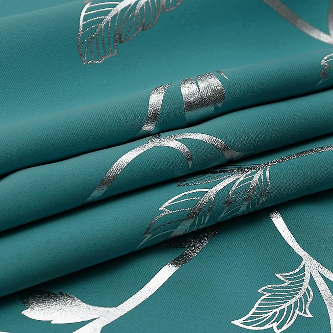 BUHUA Blackout Curtain 2 Panel Set Silver Vine Foil Print Thermal Insulated Drapes Room Darkening Curtains Grommet Window Treatment, 52 x 84 Inch, Teal Blue - Image 6