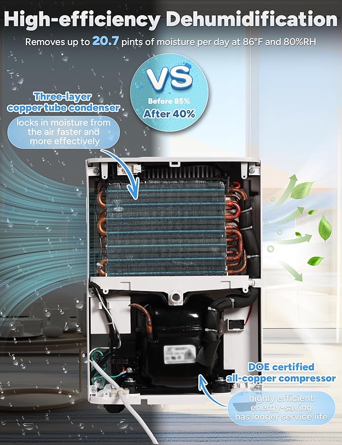 2500 Sq.Ft Dehumidifier for Home Basement 34 Pints Max - Smart WiFi Controlled Dehumidifier with Drain Hose Dry Clothes 24HR Timer 1.6L tank for RV Bedroom Bathroom Homelabs Office Large Room - Image 4