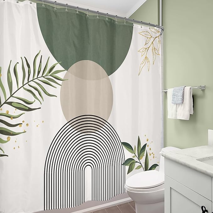 Extra Wide Boho Shower Curtain 180Wx70H Wrap Around Clawfoot Tub Curtain Sage Green Modern Bohemian Abstract Gold Leaves Mid Century Bathroom Decor Minimalist Bath Fabric Polyester 32 Pack Hook - Image 4