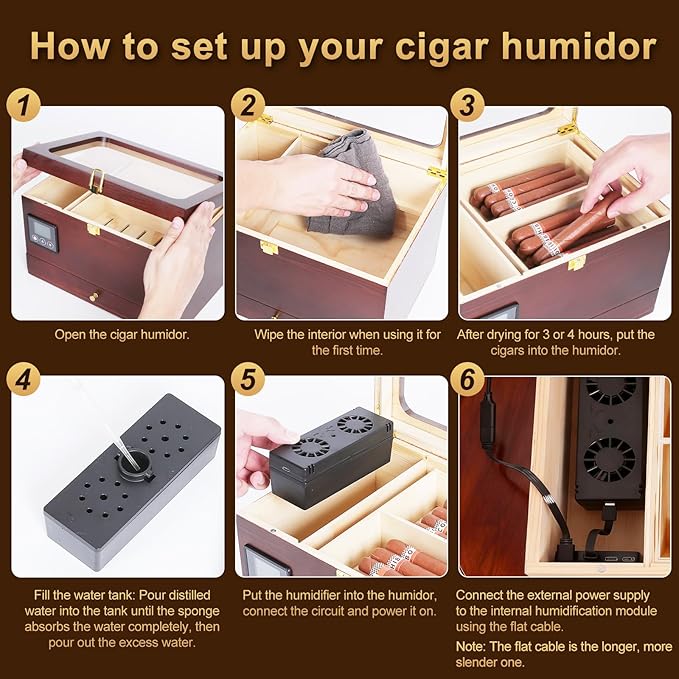 Cigar Humidor Cabinet with Electric Humidifier Precision Humidity Control Digital Display Double-Layer Cedar Shelves Glass Top Accessory Drawer, 65-Cigar Capacity, Father's Day Gift for Men (Brown) - Image 6