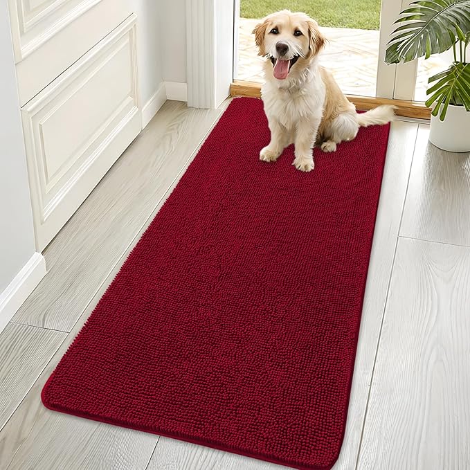 OLANLY Dog Door Mat for Muddy Paws 70x35, Absorbs Moisture and Dirt, Absorbent Non-Slip Washable Doormat, Quick Dry Chenille Mud Mat for Dogs, Entry Indoor Entryway Carpet for Inside Floor, Red by OLANLY