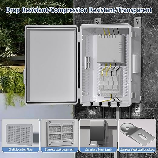 Electrical Junction Box, Ventilated Design, Cable Grommets, Indoor/Outdoor Use with Mounting Panel & Hinged Cover. Waterproof IP 65. (Grey Cover, 13.8"x9.7"x5.9") - Image 7
