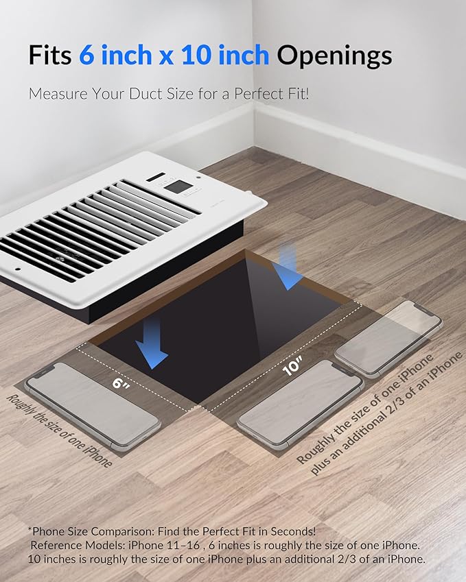 Super Quiet Register Booster Fan for 6" x 10" Register Holes, Smart Register Vent with Dual Intelligent Thermostat and WIFI App Control, Heating Cooling AC Vent Fan (White) - Image 2