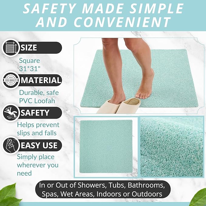 ENKOSI Square Shower Mat - Non Slip Shower Mats for Inside Shower - Extra Large 31x31 - Aqua Green - Image 3