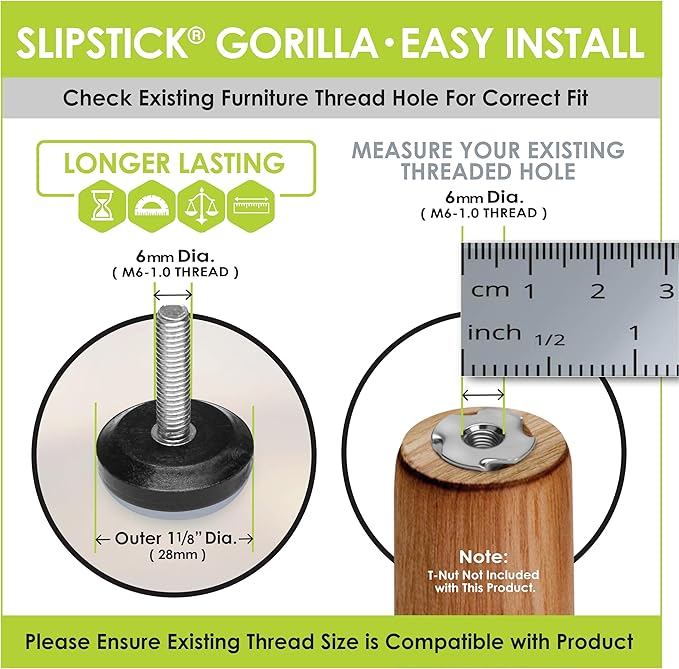 Slipstick Gorilla Outdoor Adjustable Furniture Levelers (8 Pack) Weatherproof Screw in Leg Glides for Chairs, Tables, and Outdoor Furniture Feet, 1-1/8 Inch Slider Glide, M6 Thread - Image 5