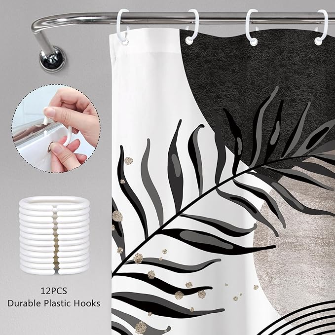 Black Grey Boho Shower Curtain 60Wx72H Bohemian Mid Century Modern Abstract Gray Gold Leaves Plant Minimalist Geometric Bathroom Decor Arch Neutral Bath Curtain Fabric Polyester 12 Pack Hooks - Image 6