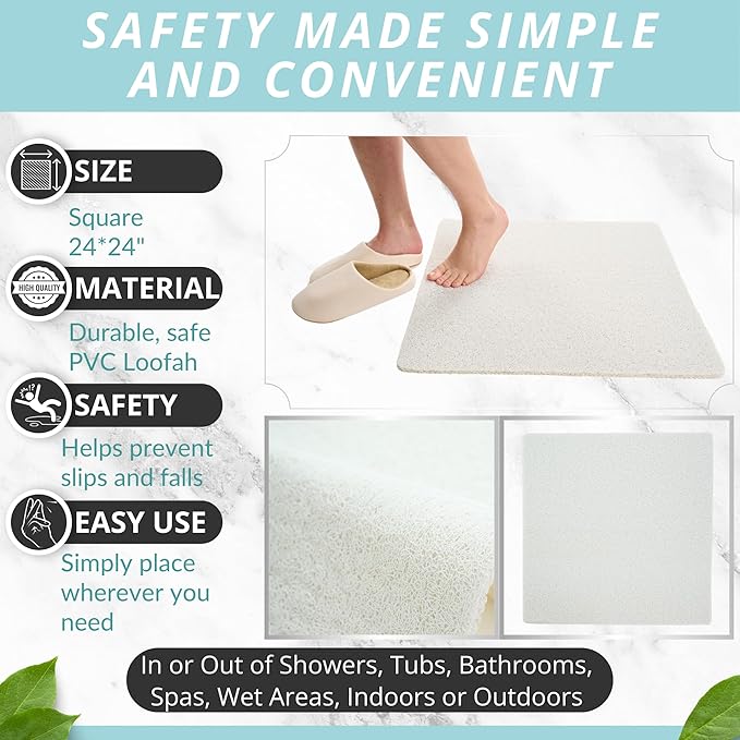 Enkosi Loofah Shower Mat Non-Slip - Anti-Slip Bath Mat for Inside Showers, Tub, Bathtub, Bathroom - Quick Dry PVC with Drain Holes - Cushioned Safety Grip - Secure for Kids and Elderly (White 24x24) - Image 3
