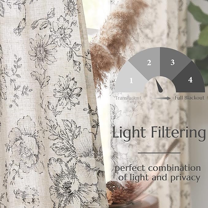 jinchan Linen Blend Curtain Floral Curtains for Living Room 96 Inch Length Black Printed Curtain Rod Pocket Back Tab Farmhouse Peony Flower Patterned Drapes Bedroom Window Curtains Set 2 Panels - Image 3