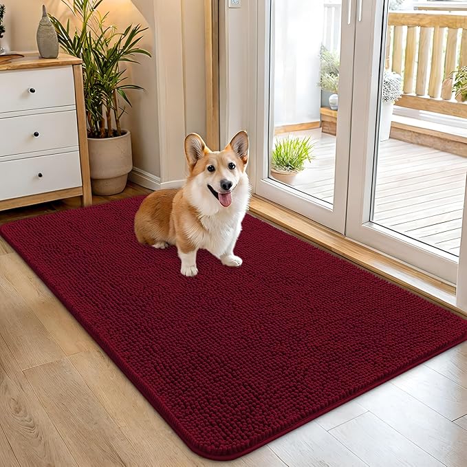 OLANLY Dog Door Mat for Muddy Paws 45x27, Absorbs Moisture and Dirt, Absorbent Non-Slip Washable Doormat, Quick Dry Chenille Mud Mat for Dogs, Entry Indoor Entryway Carpet for Inside Floor, Burgundy by OLANLY