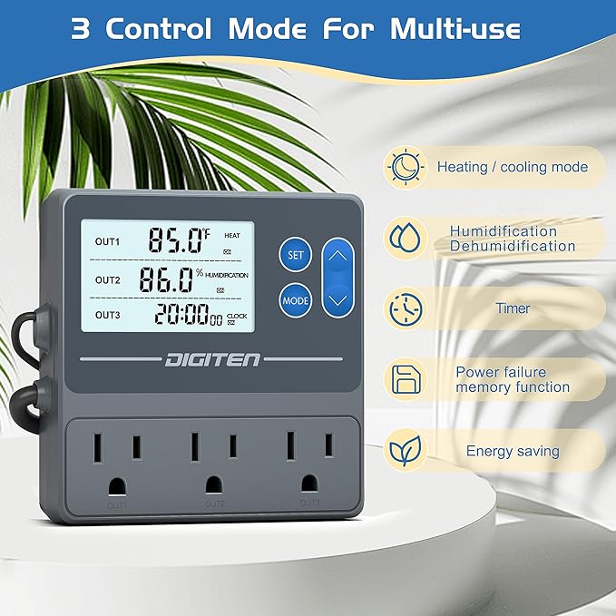Digital Temperature Humidity Controller Pre-Wired Outlets for Mushroom, Reptile, Heating/Cooling On Outlet 1, Humidifier/Dehumidifier On Outlet2, Timer On Outlet 3 - Image 2
