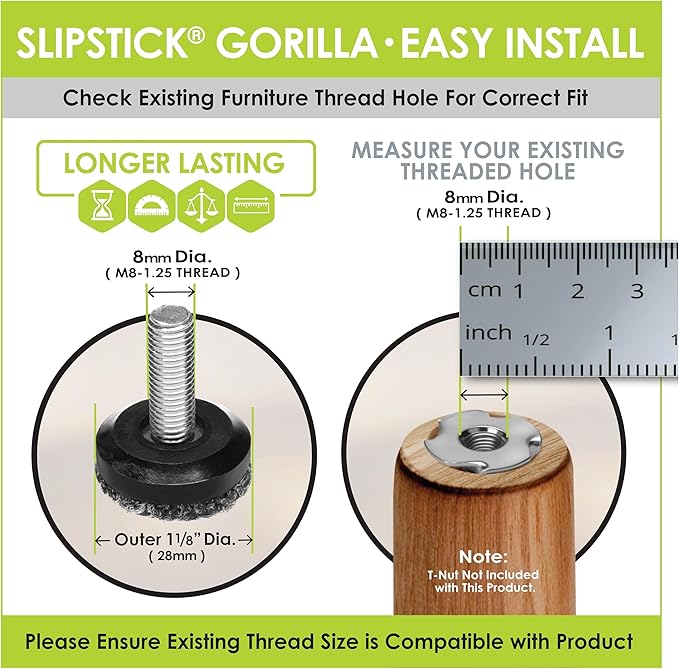 Slipstick Gorilla Outdoor Adjustable Furniture Levelers (8 Pack) Weatherproof Screw in Leg Glides for Chairs, Tables, and Outdoor Furniture Feet, 1-1/8 Inch Berber Glide, M8 Thread - Image 5